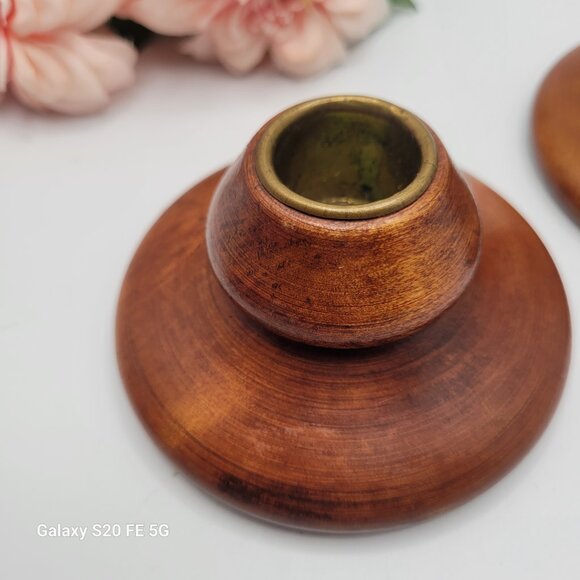 Vintage Pair Wood Turned Candleholders MCM Small Candlesticks - Picture 2 of 14